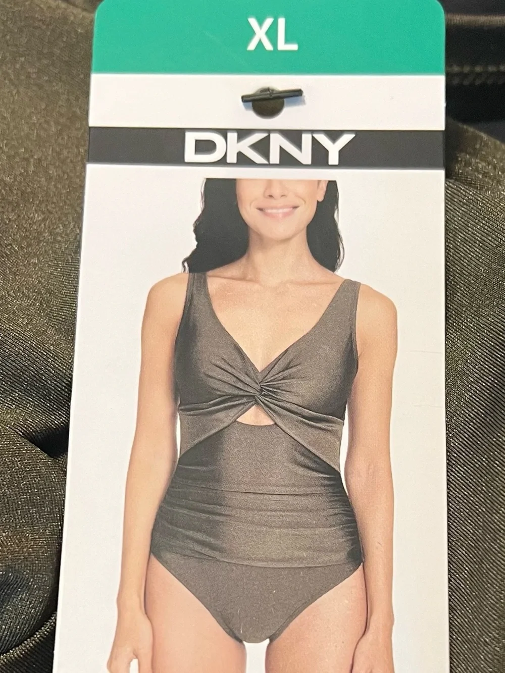 DKNY $96 One-Piece Swimsuit XL Olive Green Twist Front Cutout Tummy Control NWT - Picture 5 of 6